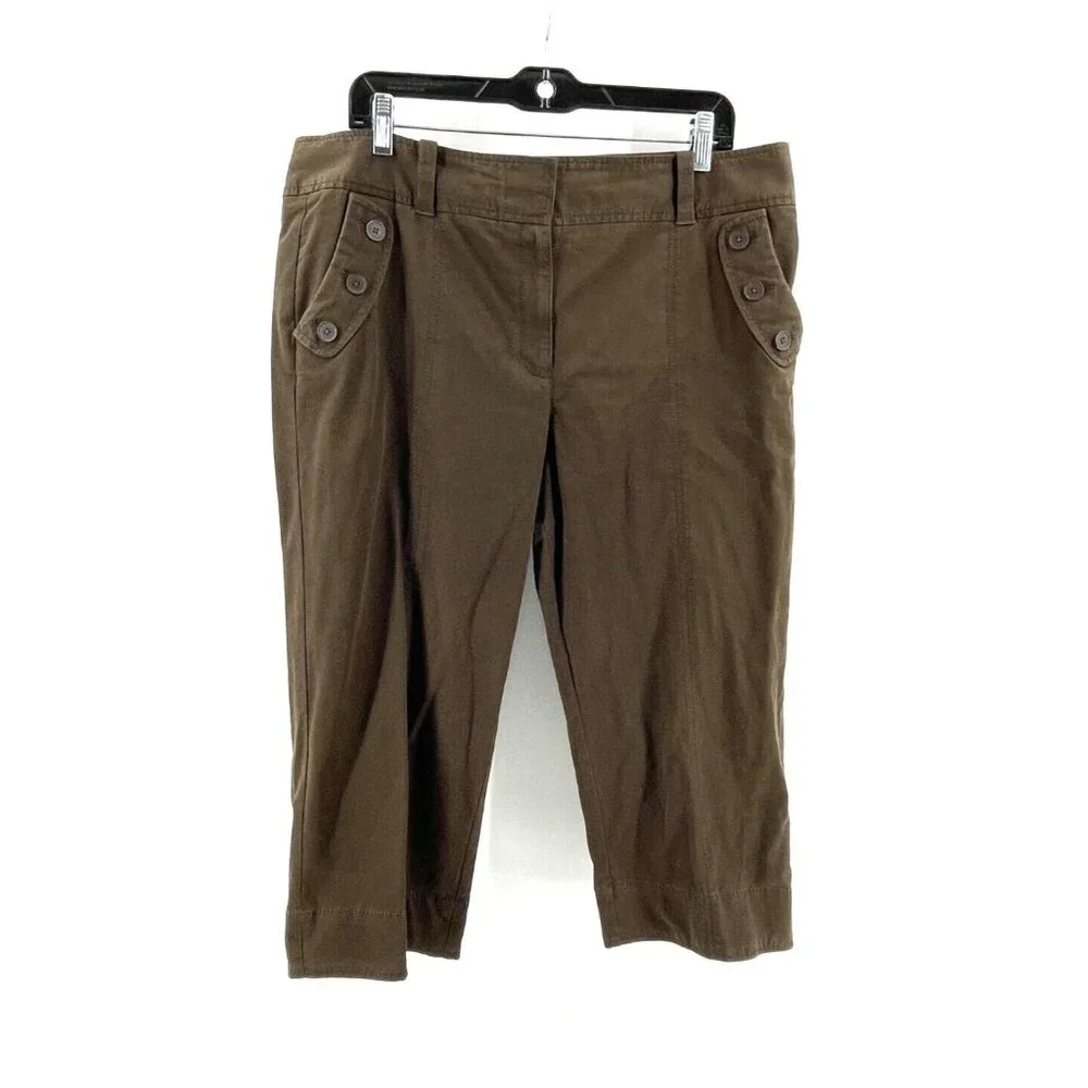 Ann Taylor Loft Women's Brown Wide Leg Cropped Khaki Pants Buttons Size 14 - Picture 1 of 13